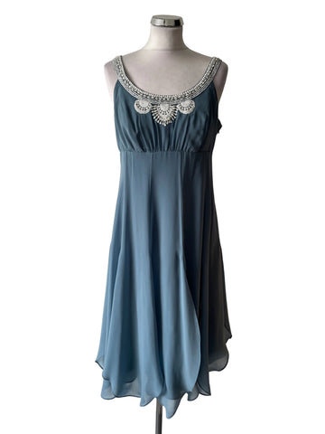 MONSOON POWDER BLUE PEARL BEAD TRIMMED FIT & FLARE DRESS  SIZE 12