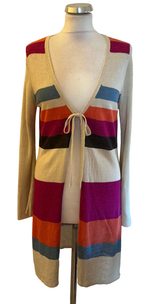 FENN WRIGHT MANSON LINEN MIX MULTICOLOURED STRIPE CARDIGAN  SIZE M