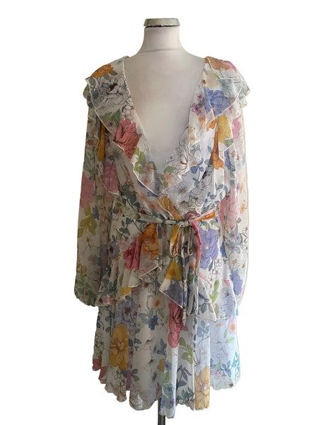 LIPSY WHITE FLORAL PRINT LONG SLEEVED BELTED FRILL TRIM DRESS SIZE 18