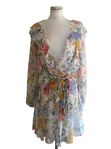 LIPSY WHITE FLORAL PRINT LONG SLEEVED BELTED FRILL TRIM DRESS SIZE 18