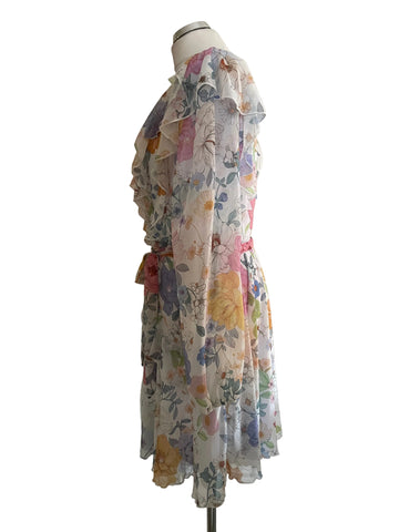 LIPSY WHITE FLORAL PRINT LONG SLEEVED BELTED FRILL TRIM DRESS SIZE 18