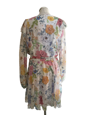 LIPSY WHITE FLORAL PRINT LONG SLEEVED BELTED FRILL TRIM DRESS SIZE 18