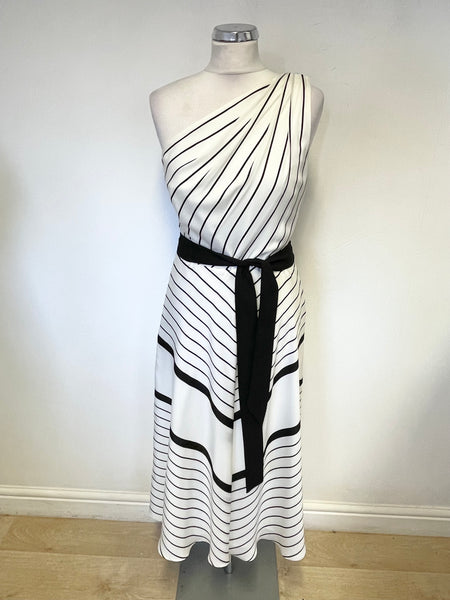 HOBBS WHITE WITH BLACK STRIPE ONE SHOULDER FIT & FLARE MIDI DRESS SIZE 10