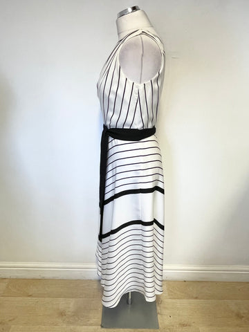 HOBBS WHITE WITH BLACK STRIPE ONE SHOULDER FIT & FLARE MIDI DRESS SIZE 10