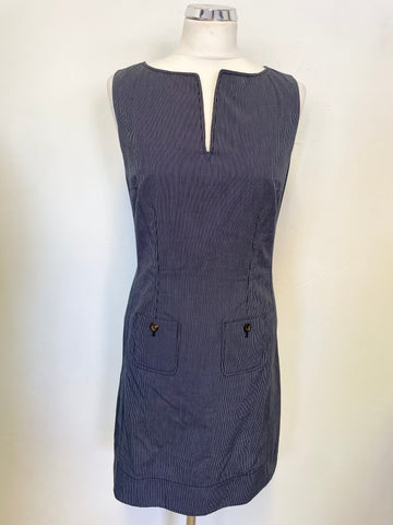 DAKS NAVY BLUE & FINE WHITE STRIPE SLEEVELESS SHIFT DRESS SIZE 8