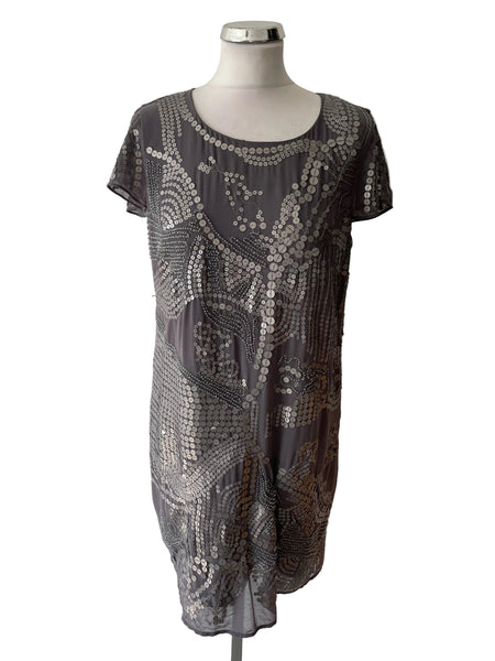 JOHN ROCHA GREY SEQUIN & BEAD TRIMMED SHORT SLEEVE SHIFT DRESS  SIZE 12