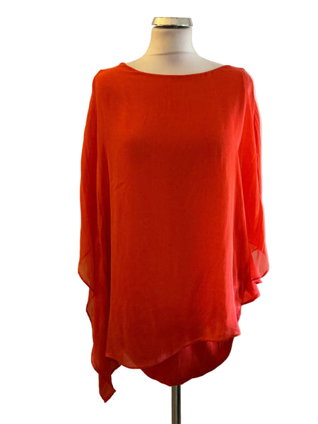 PHASE EIGHT 100% SILK CORAL RED ASYMMETRIC BATWING OVERLAY TOP  SIZE M