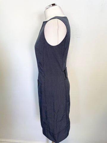 DAKS NAVY BLUE & FINE WHITE STRIPE SLEEVELESS SHIFT DRESS SIZE 8
