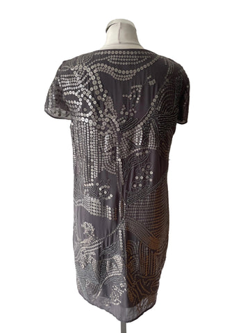 JOHN ROCHA GREY SEQUIN & BEAD TRIMMED SHORT SLEEVE SHIFT DRESS  SIZE 12