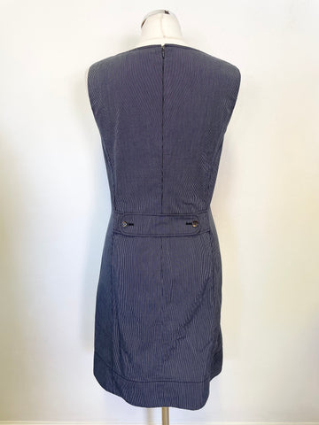DAKS NAVY BLUE & FINE WHITE STRIPE SLEEVELESS SHIFT DRESS SIZE 8