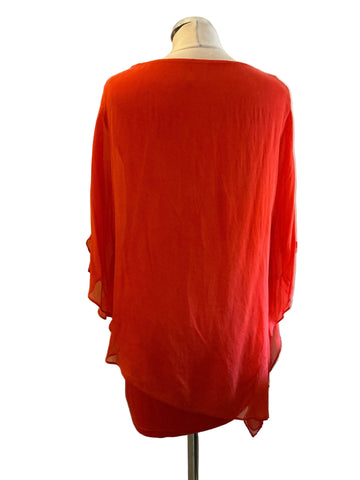 PHASE EIGHT 100% SILK CORAL RED ASYMMETRIC BATWING OVERLAY TOP  SIZE M