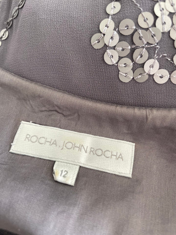 JOHN ROCHA GREY SEQUIN & BEAD TRIMMED SHORT SLEEVE SHIFT DRESS  SIZE 12