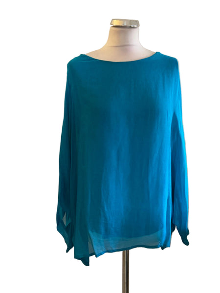 PHASE EIGHT BRIGHT TURQUOISE SILK MIX BATWING OVERLAY TOP SIZE L