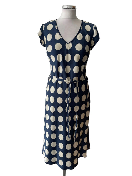 JOHN ROCHA BLUE & WHITE SPOT CAP SLEEVED A-LINE DRESS  SIZE 10