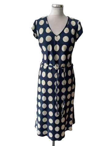 JOHN ROCHA BLUE & WHITE SPOT CAP SLEEVED A-LINE DRESS  SIZE 10