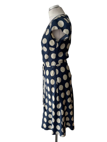 JOHN ROCHA BLUE & WHITE SPOT CAP SLEEVED A-LINE DRESS  SIZE 10
