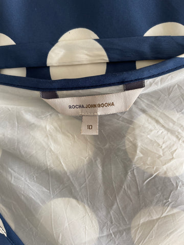 JOHN ROCHA BLUE & WHITE SPOT CAP SLEEVED A-LINE DRESS  SIZE 10