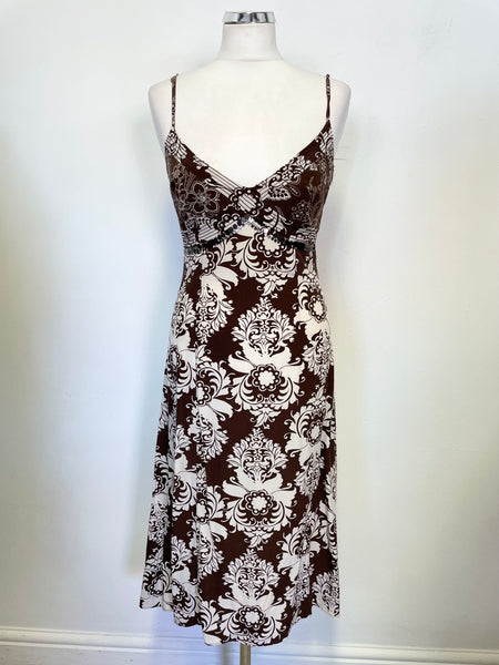 KAREN MILLEN BROWN & ECRU PRINT 100% SILK A-LINE DRESS SIZE 10 Whispers Dress Agency KAREN MILLEN BROWN & ECRU PRINT 100% SILK A-LINE DRESS SIZE 10 Whispers Dress Agency
