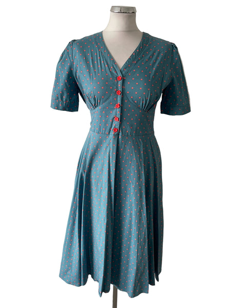 LINDY BOP BLUE & PINK SPOT SHORT SLEEVED FIT & FLARE DRESS  SIZE 14