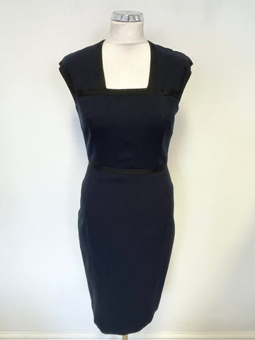 JAEGER NAVY BLUE SQUARE NECKLINE SLEEVELESS PENCIL DRESS SIZE 8