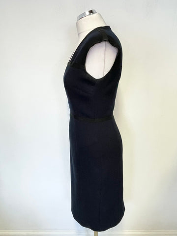 JAEGER NAVY BLUE SQUARE NECKLINE SLEEVELESS PENCIL DRESS SIZE 8