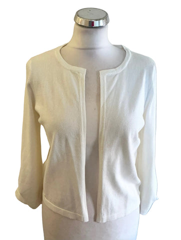 BRAND NEW DKNY OFF WHITE ROUND NECK EDGE TO EDGE PEARL TRIM 3/4 SLEEVE CARDIGAN  SIZE S