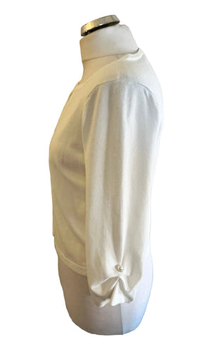 BRAND NEW DKNY OFF WHITE ROUND NECK EDGE TO EDGE PEARL TRIM 3/4 SLEEVE CARDIGAN  SIZE S