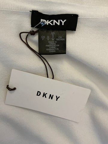 BRAND NEW DKNY OFF WHITE ROUND NECK EDGE TO EDGE PEARL TRIM 3/4 SLEEVE CARDIGAN  SIZE S