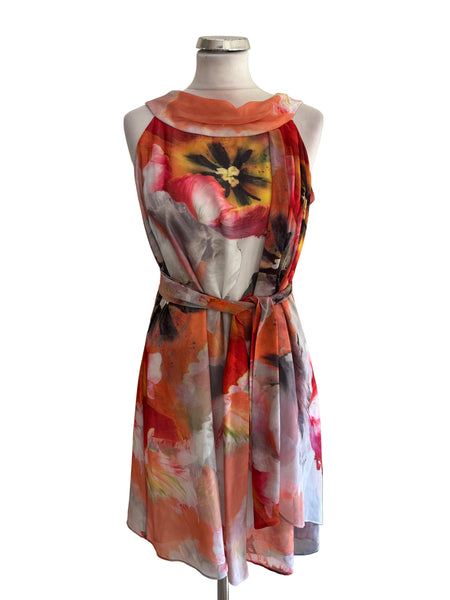 COAST MULTI COLOURED ROUND NECK SLEEVELESS TIE WAIST SHEATH DRESS  SIZE 12