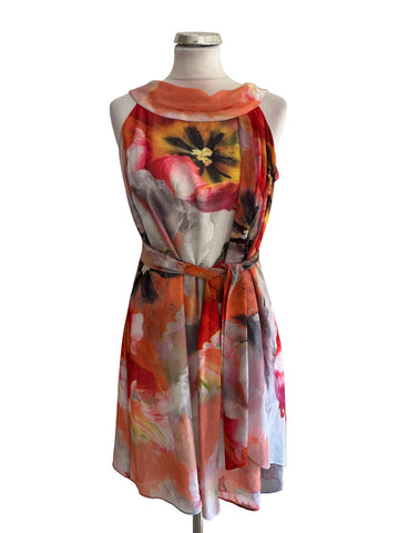 COAST MULTI COLOURED ROUND NECK SLEEVELESS TIE WAIST SHEATH DRESS  SIZE 12