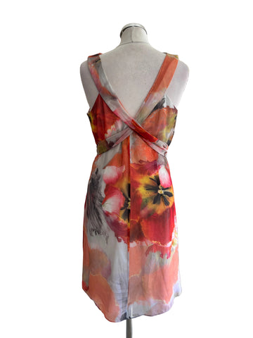 COAST MULTI COLOURED ROUND NECK SLEEVELESS TIE WAIST SHEATH DRESS  SIZE 12