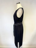JAEGER NAVY BLUE & IVORY TRIM 100% SILK BELTED SLEEVELESS PENCIL DRESS SIZE 8