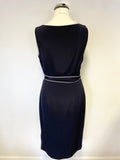JAEGER NAVY BLUE & IVORY TRIM 100% SILK BELTED SLEEVELESS PENCIL DRESS SIZE 8