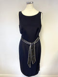 JAEGER NAVY BLUE & IVORY TRIM 100% SILK BELTED SLEEVELESS PENCIL DRESS SIZE 8