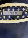 JAEGER NAVY BLUE & IVORY TRIM 100% SILK BELTED SLEEVELESS PENCIL DRESS SIZE 8