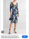 ERDEM TESS NAVY FLORAL PRINT 3/4 SLEEVE PENCIL DRESS SIZE 10