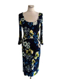 ERDEM TESS NAVY FLORAL PRINT 3/4 SLEEVE PENCIL DRESS SIZE 10