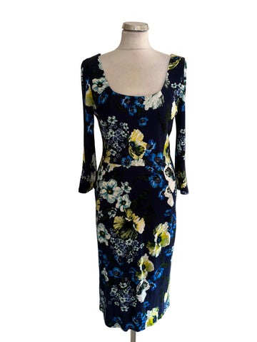 ERDEM TESS NAVY FLORAL PRINT 3/4 SLEEVE PENCIL DRESS SIZE 10