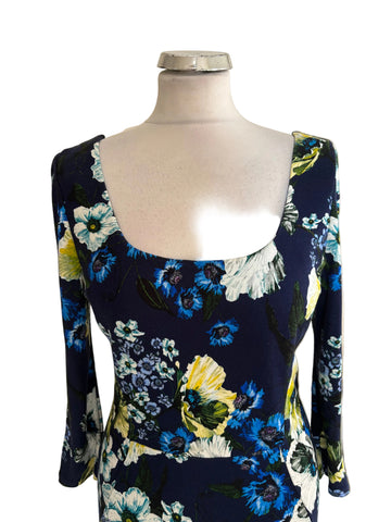 ERDEM TESS NAVY FLORAL PRINT 3/4 SLEEVE PENCIL DRESS SIZE 10