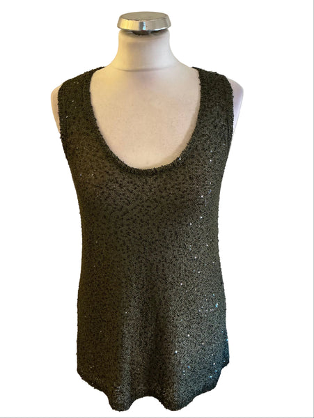 JIGSAW DARK GREEN FINE KNIT SCOOP NECK SLEEVELESS SEQUINNED TOP SIZE M