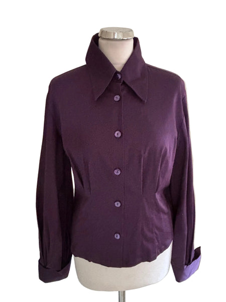 DESIGNER NARA CAMICIE PURPLE BALLOON SLEEVE FITTED SHIRT SIZE III UK 14