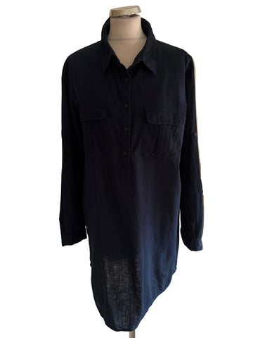 LA REDOUTE LINEN MIX NAVY BLUE LONG SLEEVED SHIRT SIZE 18
