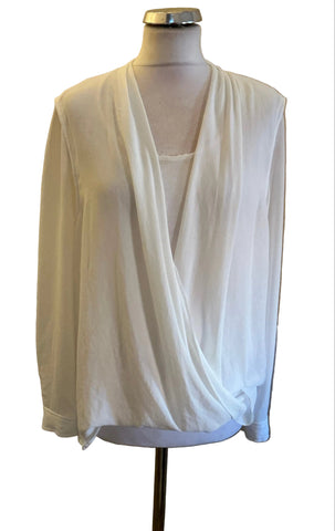MARCCAIN WHITE SCOOP NECK DRAPED OVERLAY LONG SLEEVE TOP SIZE 14