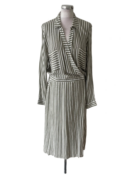 BRAND NEW WHISTLES KHAKI GREEN & WHITE STRIPE LONG SLEEVED WRAP MIDI DRESS SIZE 16