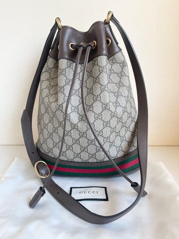 GUCCI LARGE OPHIDIA BROWN & BEIGE GG BUCKET BAG
