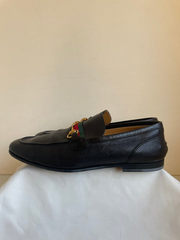 GUCCI BLACK LEATHER HORSE BIT WITH RED & GREEN WEB LOAFERS SIZE 7/40.5
