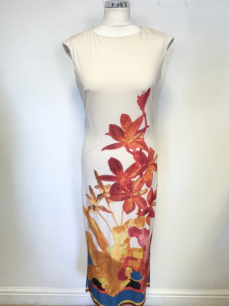 ISSA LONDON CREAM & ORANGE FLORAL PRINT JERSEY MIDI DRESS SIZE 10