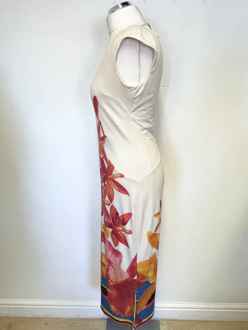 ISSA LONDON CREAM & ORANGE FLORAL PRINT JERSEY MIDI DRESS SIZE 10