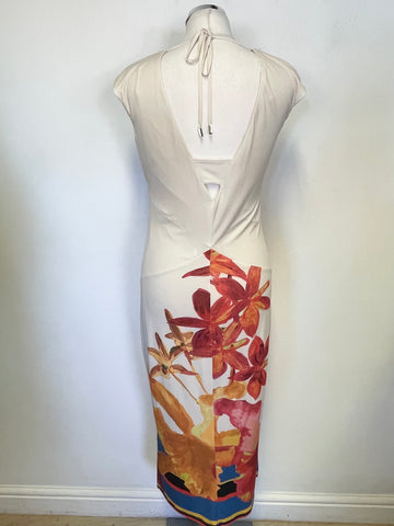 ISSA LONDON CREAM & ORANGE FLORAL PRINT JERSEY MIDI DRESS SIZE 10