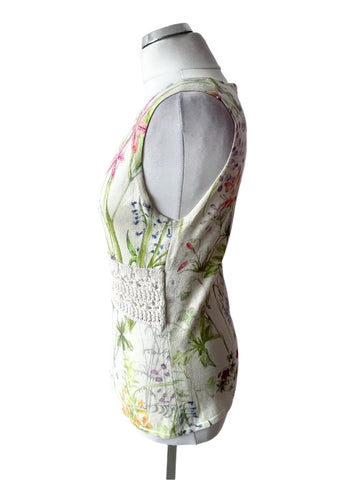 MARCCAIN CREAM FLORAL PRINT SILK & CASHMERE FINE KNIT SLEEVELESS TOP & CARDIGAN SIZE N3 UK 12/14
